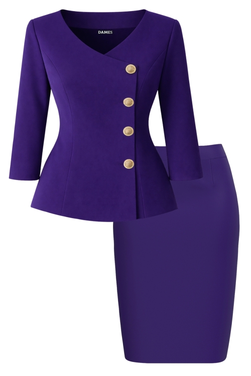 Costum elegant sacou cu decolteu inima si fusta conica violet
