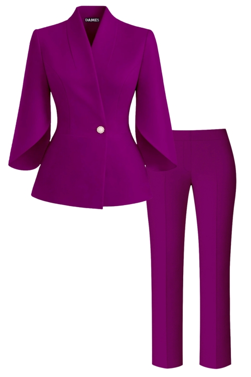 Costum elegant sacou cu maneci asimetrice si pantalon drept Magenta