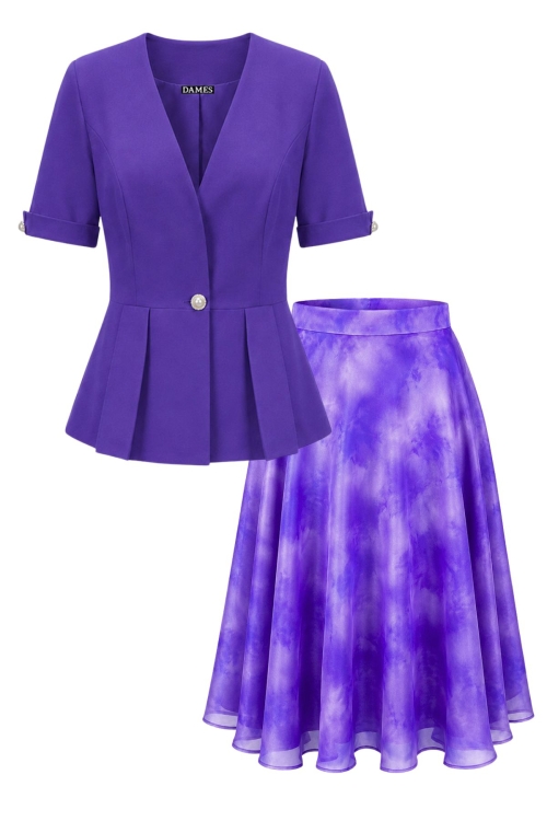 Costum elegant sacou cu nasturi bijuterie si fusta clos din organza imprimata cu accente mov