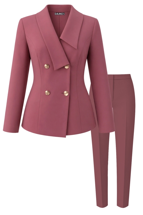 Costum elegant sacou cu rever asimetric si pantalon conic roz antic