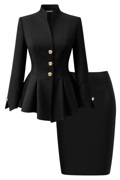 Costum premium fusta neagra si sacou negru cu maneca despicata