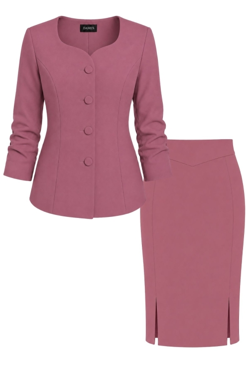 Costum roz antic elegant sacou decolteu inima si fusta conica cu bata in V