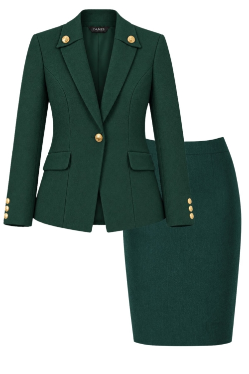 Costum verde sacou cu nasturi aurii si fusta conica din stofa fina Valeria
