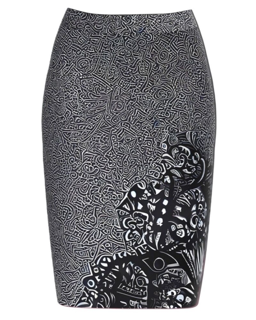 Fusta conica alb negru imprimata cu model abstract CMD3697