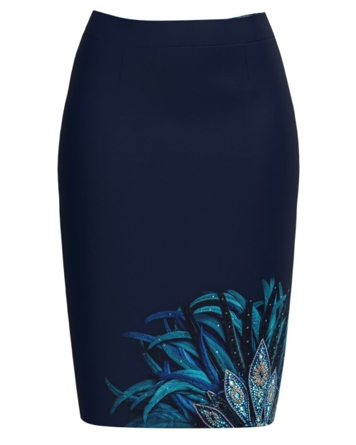 Fusta conica bleumarin imprimata cu model floral CMD3877