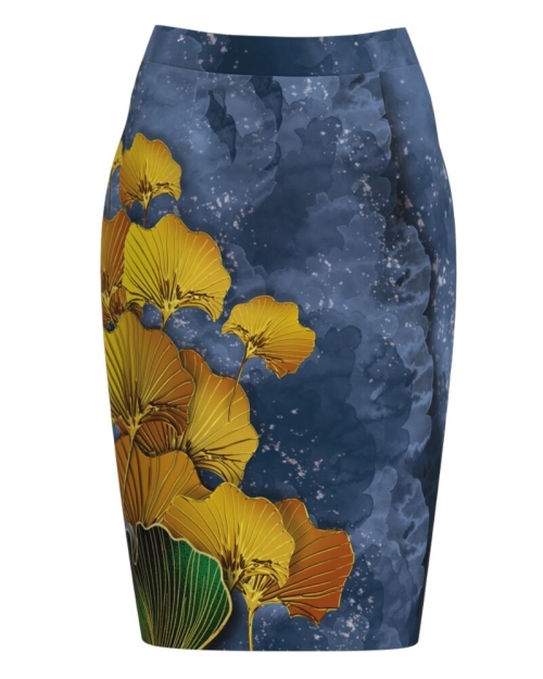 Fusta conica in nuante de albastru cu imprimeu floral CMD1129