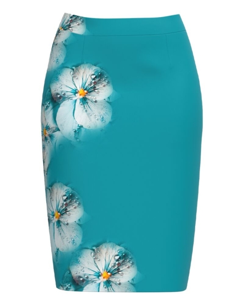 Fusta conica turcoaz imprimata cu model floral CMD2749