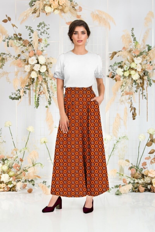 Fusta pantalon portocaliu cu imprimeu floral din vascoza cu buzunare CMD4510 - Img 2