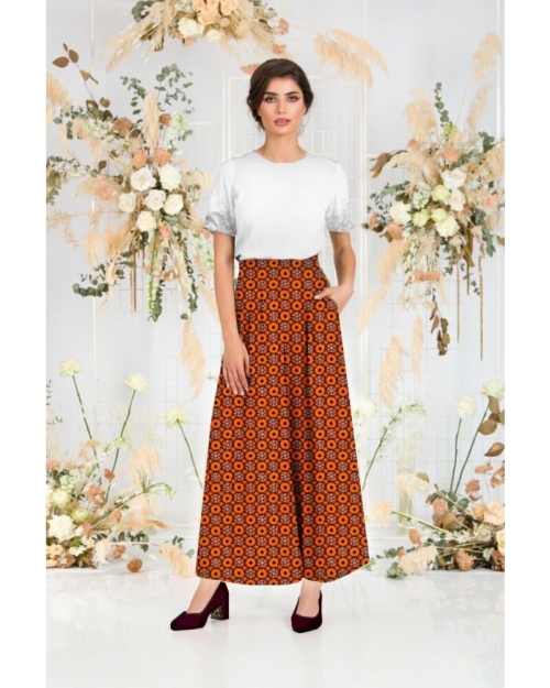 Fusta pantalon portocaliu cu imprimeu floral din vascoza cu buzunare CMD4510 - Img 1