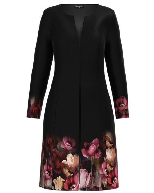 Jacheta de dama lunga neagra imprimata cu model floral CMD1171 - Img 1