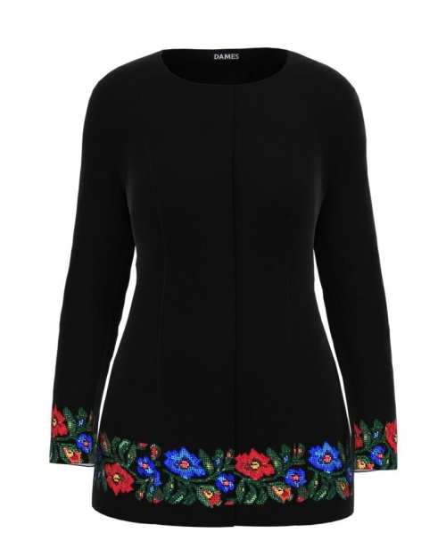 Jacheta de dama neagra de lungime medie imprimata cu model traditional CMD3426