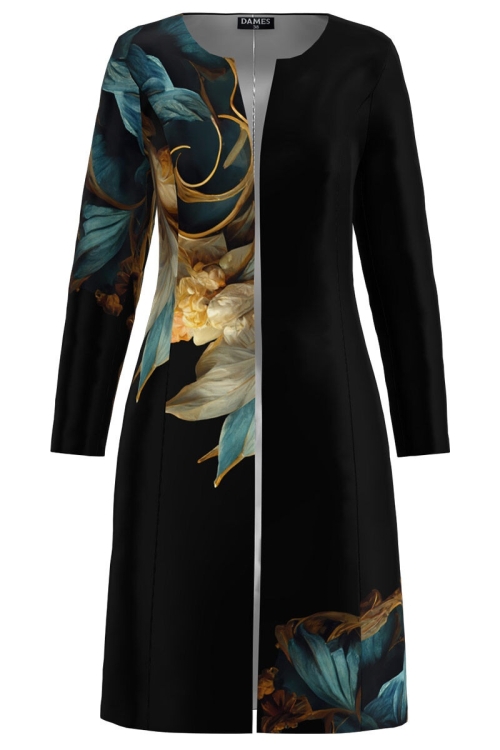 Jacheta de dama neagra lunga imprimata cu model floral - Img 2