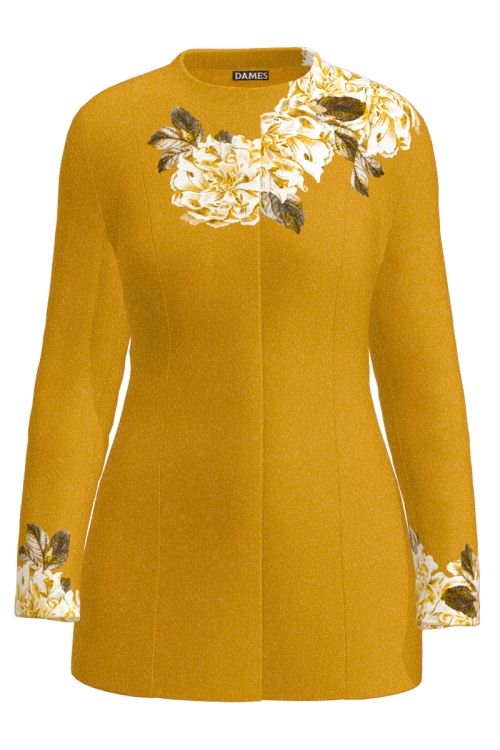 Palton dama ocru elegant si calduros imprimat Floral CMD3642