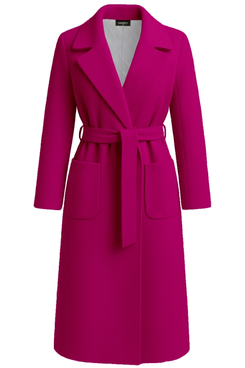 Palton lung matlasat fucsia din stofa cu buzunare