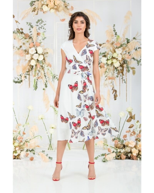 Rochie alba eleganta de vara cu maneca scurta si imprimeu Fluturi CMD740 - Img 1