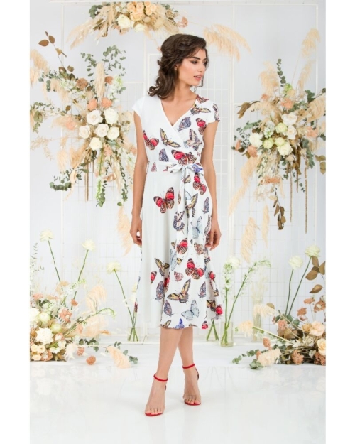 Rochie alba eleganta de vara cu maneca scurta si imprimeu Fluturi CMD740 - Img 5