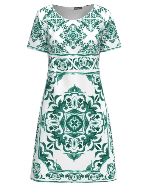 Rochie alba evazata imprimata cu model floral verde CMD4479