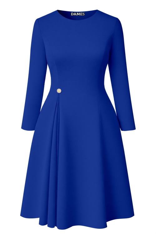 Rochie albastra eleganta cu pliuri si nasture bijuterie