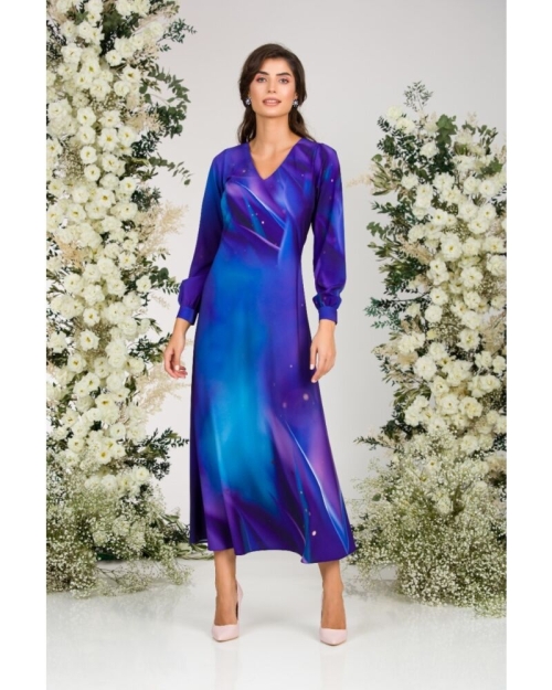 Rochie albastru violet eleganta cu maneca lunga imprimata digital CMD2944 - Img 3