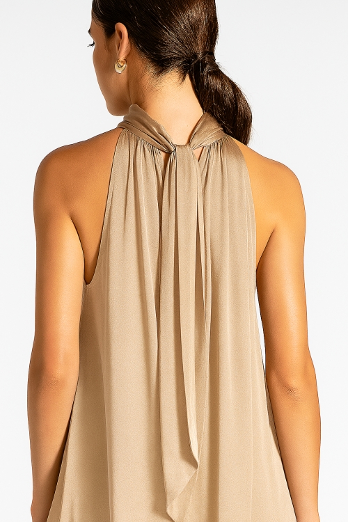 Rochie bej cappuccino lunga eleganta din vascoza satinata cu buzunare - Img 2
