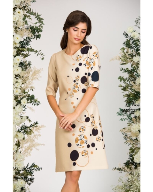 Rochie bej casual imprimata cu model geometic in contrast CMD3183 - Img 3