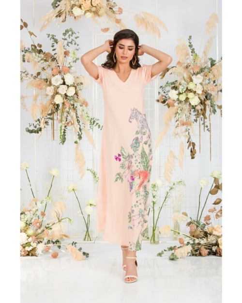 Rochie bej de vara lunga cu buzunare imprimata digital Africa CMD731 - Img 2