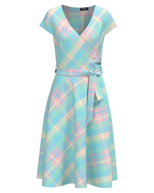 Rochie bleu eleganta de vara cu maneca scurta imprimata carouri CMD4520