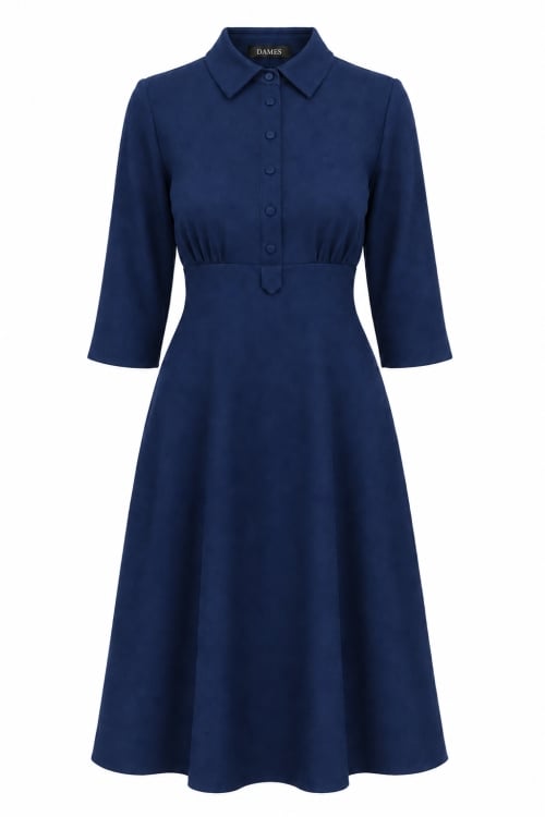 Rochie bleumarin cu guler tip camasa si fusta clos din stofa fina Valeria