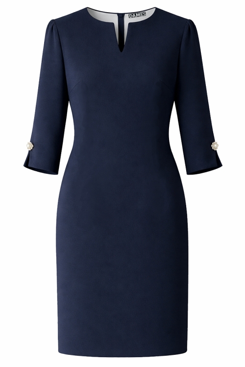 Rochie bleumarin cu maneci accesorizate cu nasture bijuterie