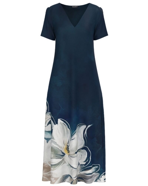 Rochie bleumarin de vara lunga cu buzunare imprimata floral SS24