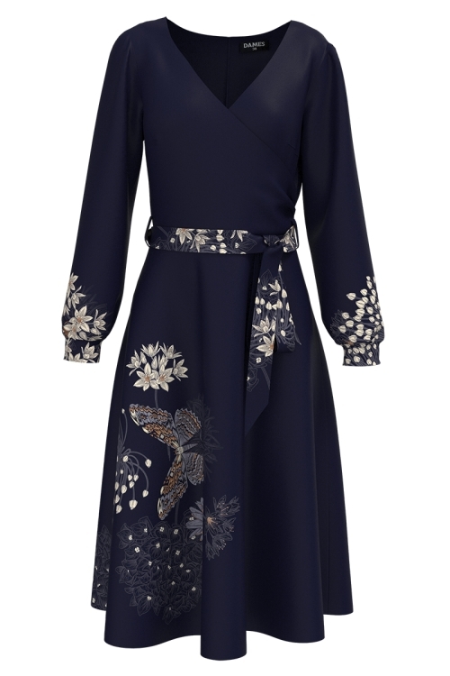 Rochie bleumarin eleganta cu maneca lunga imprimata flori si fluturi
