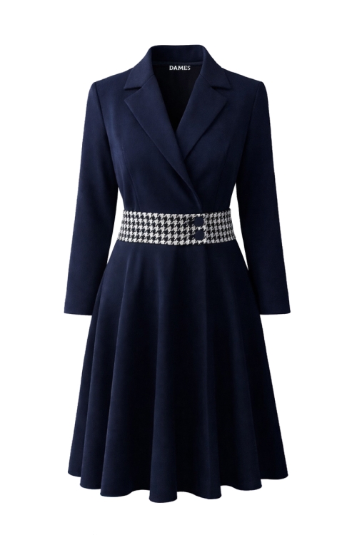 Rochie bleumarin tip pardesiu petrecuta cu talie contrast