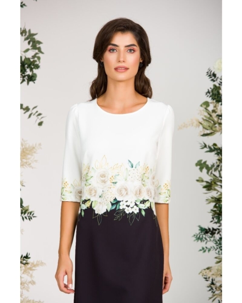 Rochie casual alb negru imprimata cu model trandafiri CMD2995 - Img 7