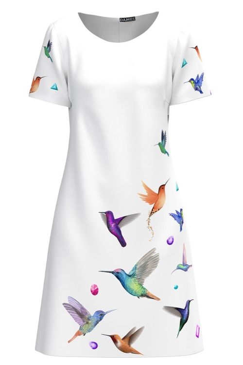 Rochie casual alba imprimata cu model Colibri CMD2946 - Img 2