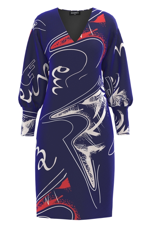Rochie casual albastra din catifea cu imprimeu grafic abstract