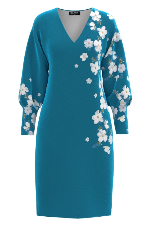 Rochie casual albastru marin din catifea imprimata floral SS25