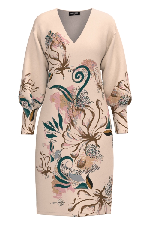 Rochie casual bej din catifea imprimata floral