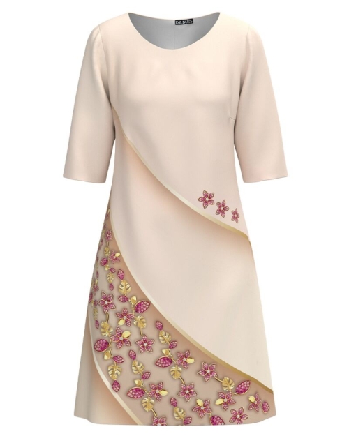 Rochie casual bej imprimata cu model floral CMD3065