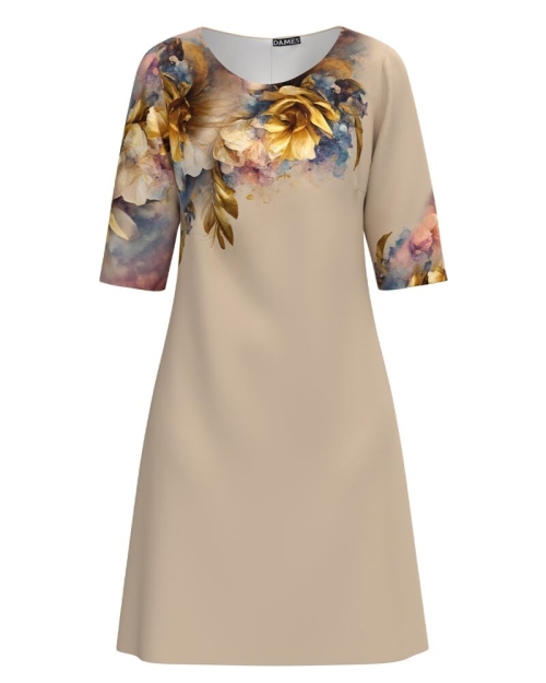 Rochie casual bej imprimata cu model floral CMD4673