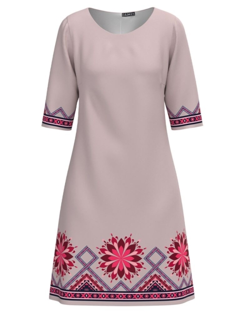Rochie casual bej pudra imprimata cu model Etnic CMD3055