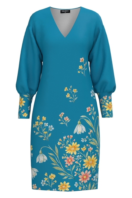 Rochie casual bleu din catifea imprimata floral