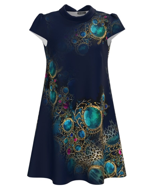 Rochie casual bleumarin imprimata cu accente turcoaz CMD4148 - Img 1