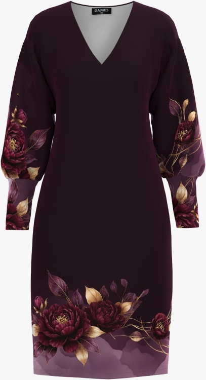 Rochie casual bordo inchis din catifea imprimata floral