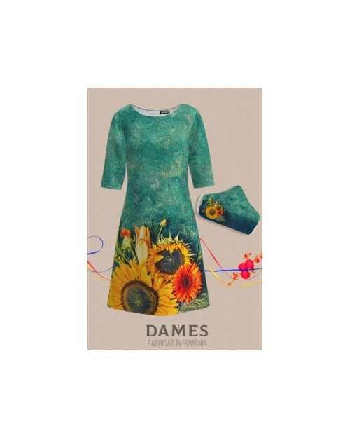 Rochie casual cu maneca imprimata digital Floarea soarelui CMD216 - Img 8