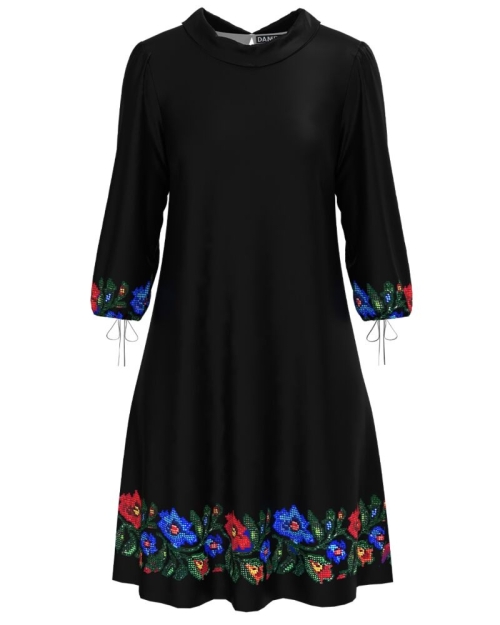 Rochie casual cu maneca trei sferturi imprimata cu model floral traditional CMD4978