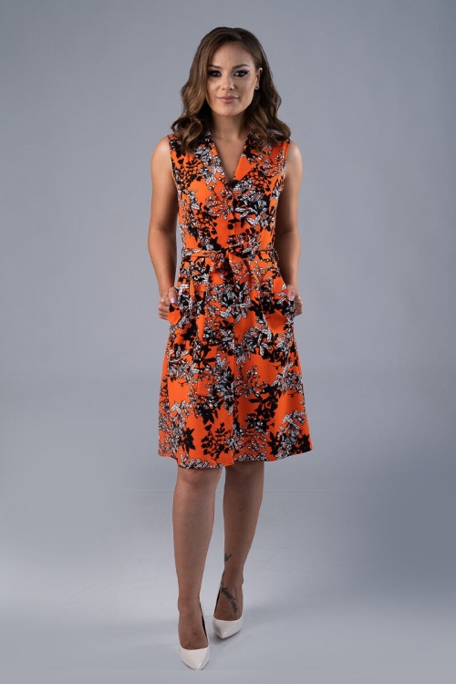 Rochie casual de vara fara maneci portocaliu imprimat floral CMD4576 - Img 3