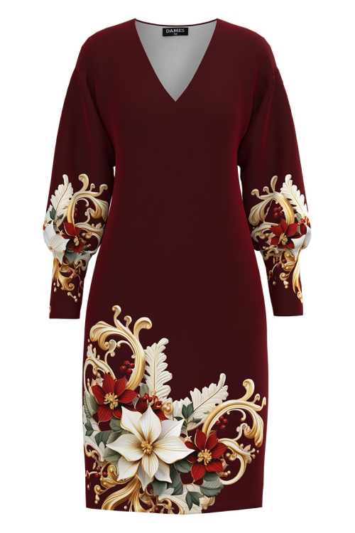 Rochie casual din catifea grena cu imprimeu floral