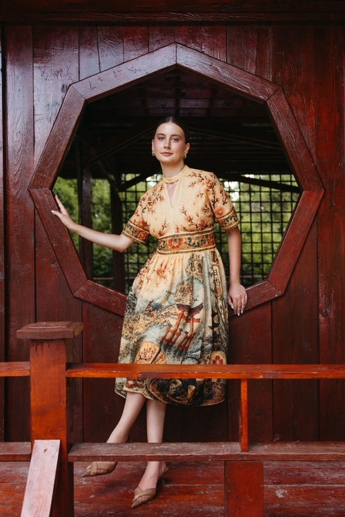 Rochie casual din in cu guler tunica Cartoline Japonia