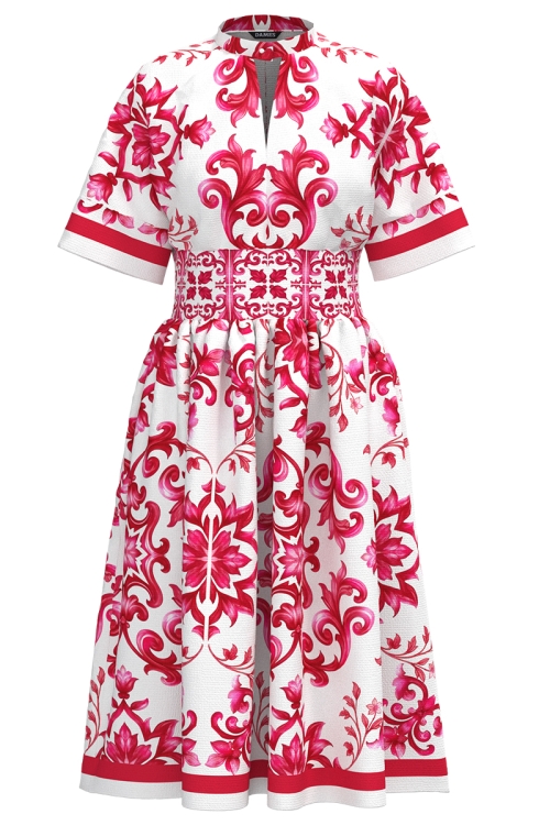Rochie casual din in cu imprimeu rosu cu buzunare