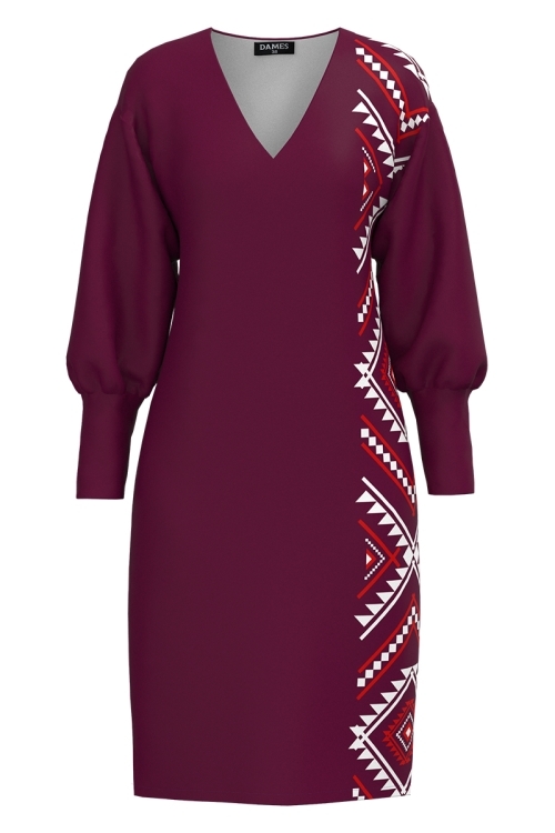 Rochie casual grena din catifea cu imprimeu traditional